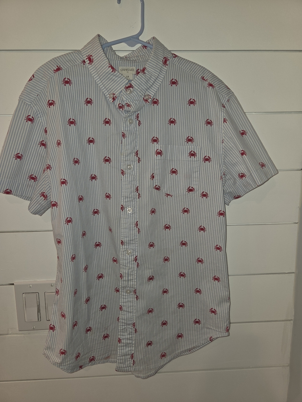 Crew Cuts Blue and White Stripe Short-Sleeve Shirt with Red Crab Motif